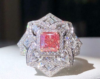 Bague art déco fleur en diamant Fancy Light Pinkish Brown 1ct pavé de diamant blanc et or blanc 18k