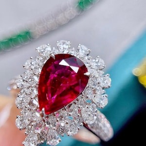2.03ct pear cut ruby engagement ring with diamonds and 18k white gold, certified natural ruby ring