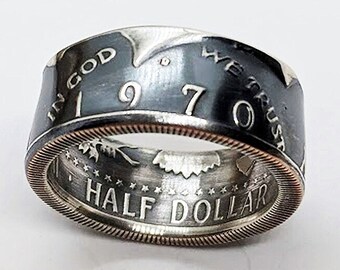 Unique Handcrafted Silver 1970 JFK Half Dollar Coin Ring - Stylish Statement Jewelry