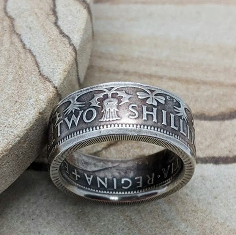 Two Shillings Coin Ring Powder Coated Finish Coin Jewelry Great Britain Florin