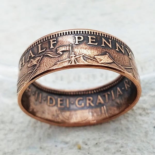 vintage British Half Penny Coin Ring - Elizabeth II - Bijoux britanniques authentiques