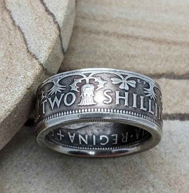 Two Shillings Coin Ring Powder Coated Finish Coin Jewelry Great Britain Florin