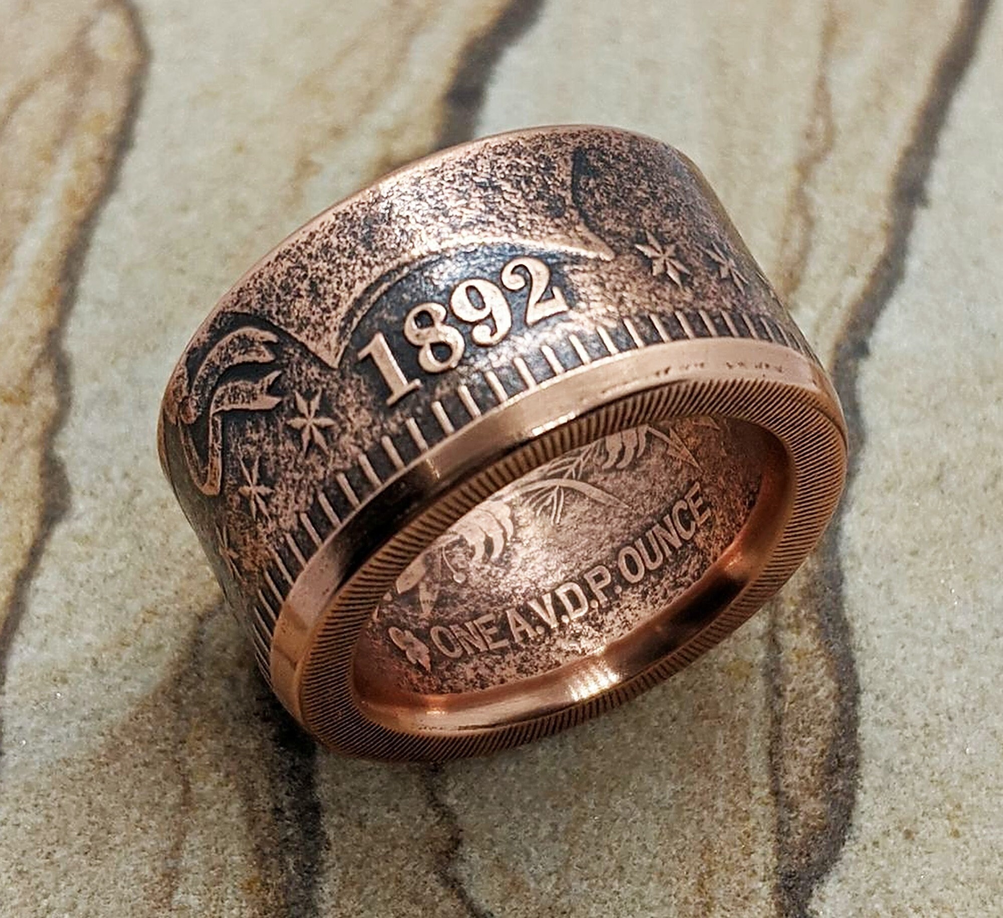 1892 Barber Half Dollar Ring Unique Copper Coin Band for