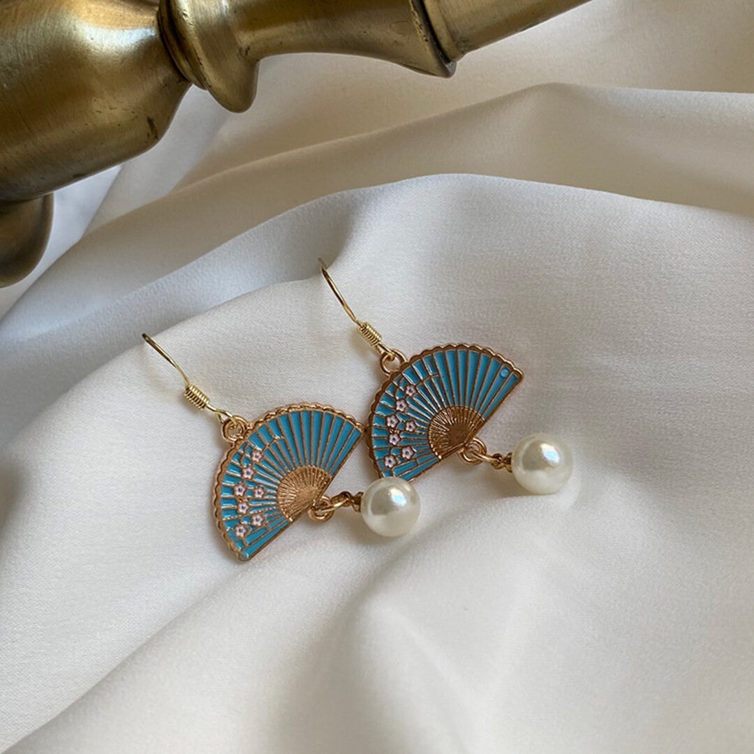 Asian Style Earrings,folding Fan Earrings,cherry Blossom/sakura,acrylic Pearl Earrings,dangle