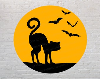 Halloween Cat with Bats SVG, PNG, PDF, Dxf - Cut Files - Cricut - Halloween- Black Cat- Bats