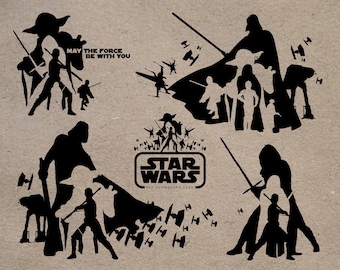 AI, EPS, SVG cut files digital download illustrations of Star Wars character silhouettes.