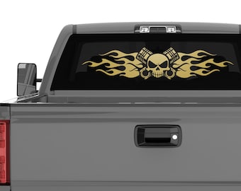 Flaming Skull Piston Head Vinyl Decal Sticker: Car, Van, Truck