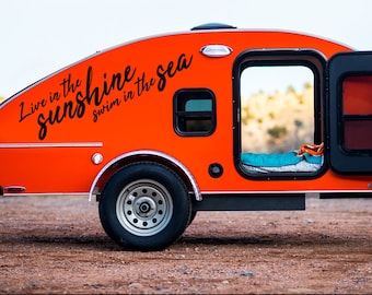 Camper Van Decal, Travel Slogan Sticker, "Live in the Sunshine Swim in the Sea"