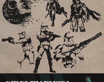 AI, EPS, SVG cut files digital download illustrations of Star Wars character silhouettes.