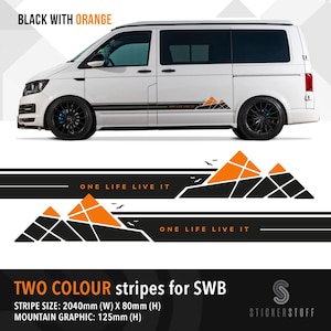 May include: A set of two-colour vinyl decals for a van, featuring black and orange geometric mountain graphics, bird silhouettes, and the text "ONE LIFE LIVE IT". The stripes measure 2040mm wide by 80mm high, with mountain graphics 125mm high.