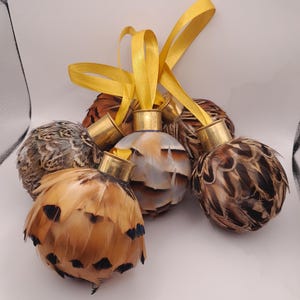 Pack Of Six Medium Game Feather Baubles, Pheasant Feather Baubles, Tree Baubles, Christmas Baubles