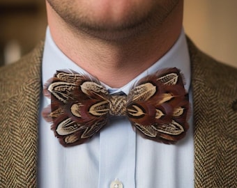 Pheasant Feather Bow Tie, Handmade Harris Tweed Bowtie