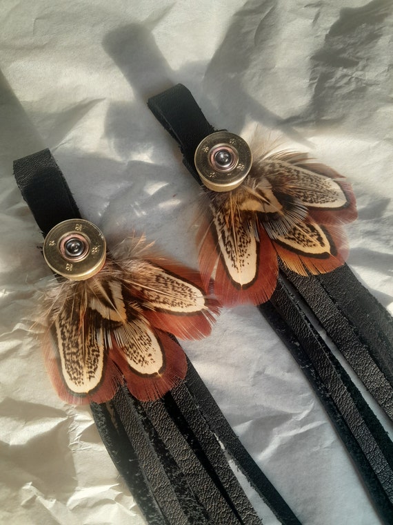 Pheasant feather, cartridge and Black Leather Boot Tassels - The Amy