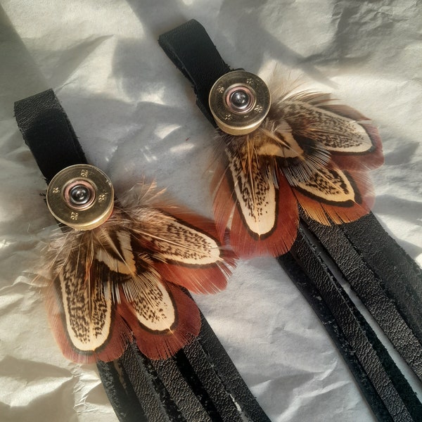 Pheasant feather, cartridge and Black Leather Boot Tassels - The Amy
