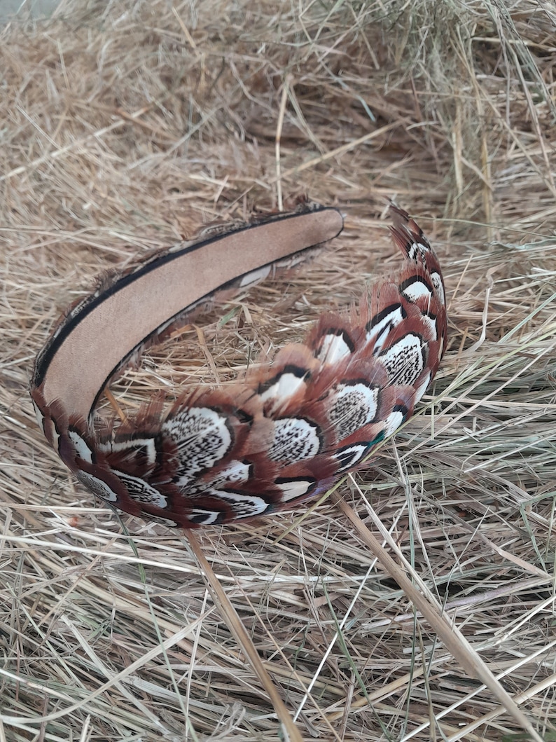 May include: A decorative headband featuring brown and white patterned feathers. The headband has a tan suede interior and is surrounded by a band of feathers. The feathers have a mix of brown, white, and black markings.