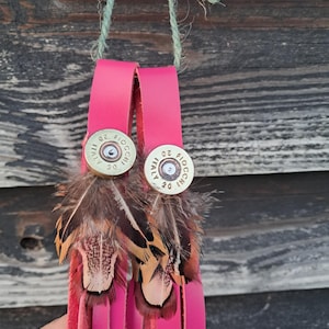 Hot pink Leather, Cartridge and Feather Boot Tassels