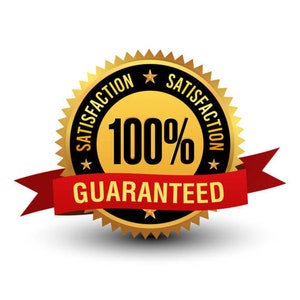 May include: A gold badge with a black border and red ribbon. The badge has a star on each side and the text "Satisfaction Guaranteed" around the edge. The center of the badge says "100% Guaranteed".
