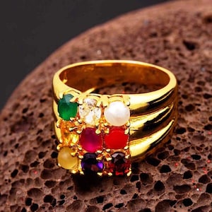 Antique Fashion Jewellery Multicolour Panchdhatu Semi-Precious Navratan/Navgrah ractangle Ring for Men and Women