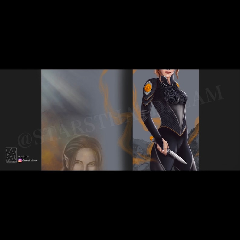May include: A woman in a black and gold suit with a silver dagger. The suit has a geometric pattern and a large, circular design on the chest. The woman is standing in front of a blurry background.