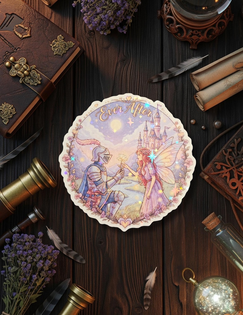 Puede incluir: Una pegatina circular con una ilustraci&oacute;n de fantas&iacute;a de un caballero con armadura plateada arrodillado para ofrecer una flor a un hada con alas transl&uacute;cidas. La escena incluye un castillo, un r&iacute;o y el texto Ever After en letra cursiva.