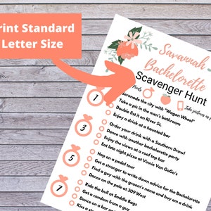 May include: A pink and green printable bachelorette scavenger hunt game card with the text "Savannah Bachelorette Scavenger Hunt" and a list of tasks to complete.  Take pictures as proof!"