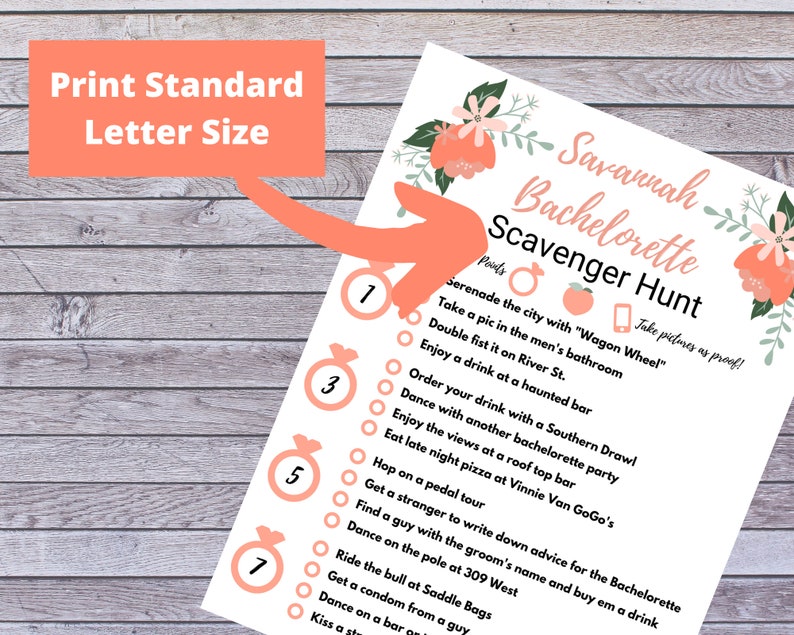May include: A pink and green printable bachelorette scavenger hunt game card with the text "Savannah Bachelorette Scavenger Hunt" and a list of tasks to complete.  Take pictures as proof!"