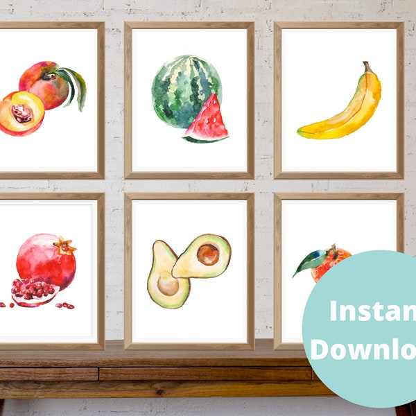 Watercolor Fruit Art Prints | Includes 12 prints for the price | 5x7 | 8x10| 11x14| Digital Printable | Kitchen Art & Decor