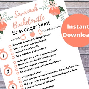 May include: A pink and white printable bachelorette scavenger hunt list with a peach and ring graphic. The list includes tasks like "Serenade the city with "Wagon Wheel"" and "Take a pic in the men's bathroom".