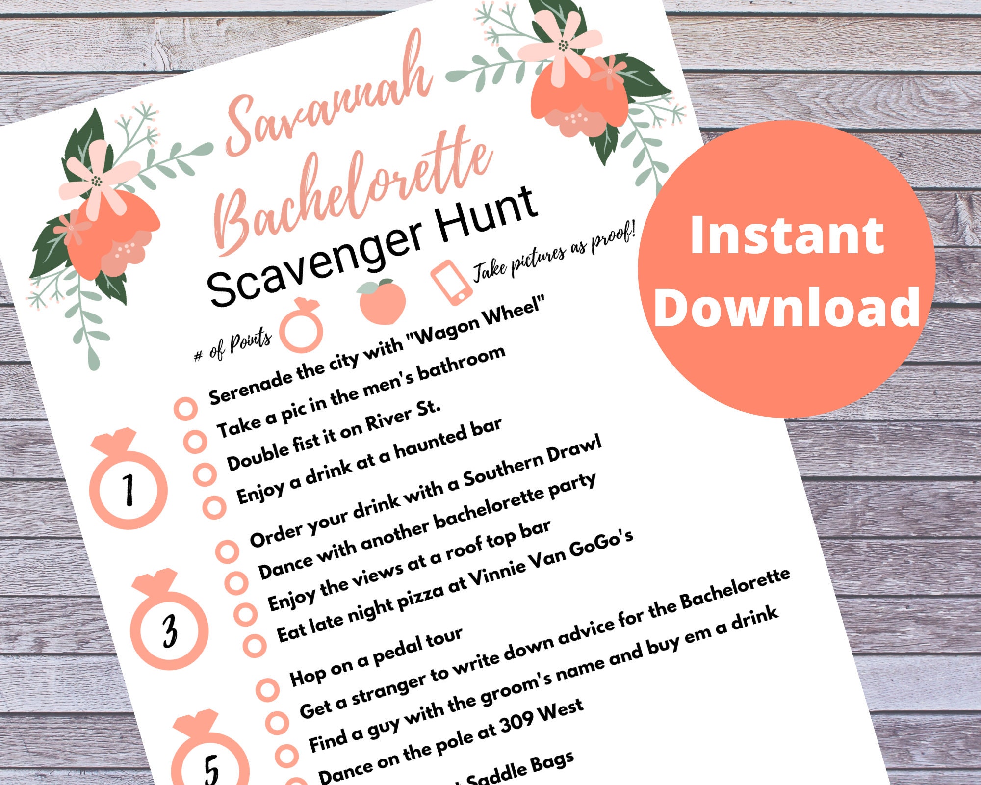 Savannah Bachelorette Scavenger Hunt Game Digital Printable