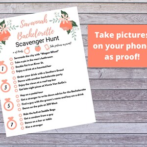 May include: A printable bachelorette scavenger hunt list with pink floral accents. The list includes tasks like "Serenade the city with "Wagon Wheel" and "Take a pic in the men's bathroom". The text "Take pictures on your phone as proof!" is at the top right corner of the page.