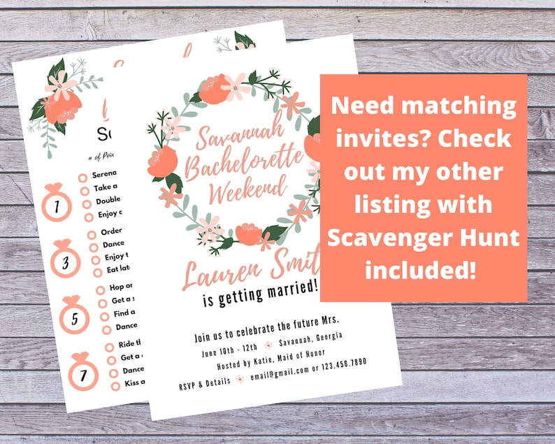 May include: A printable bachelorette party scavenger hunt game with a floral wreath design. The text reads "Savannah Bachelorette Weekend" and "Lauren Smit is getting married!"  Join us to celebrate the future Mrs. Jane 10th - 12th Savannah, Georgia Hosted by Katie, Maid of Honor email@gmail.com or 123.456.7880 RSVP & Details
