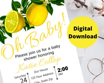 Oh Baby Lemon Baby Shower Invitation Digital Download, citrus