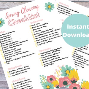 May include: A printable spring cleaning checklist with a pink and green floral design. The checklist includes rooms such as the kitchen, bathroom, bedroom, dining room, living room, playroom, and garage. Each room has a list of cleaning tasks to complete.