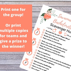 May include: A pink and peach printable bachelorette scavenger hunt game with a peach graphic and the text "Savannah Bachelorette Scavenger Hunt". The game includes a list of tasks to complete, such as "Serenade the city with "Wagon Wheel"" and "Take a pic in the men's bathroom".