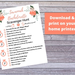 May include: A printable bachelorette scavenger hunt list with peach and floral illustrations. The list includes tasks like "Serenade the city with "Wagon Wheel"" and "Take a pic in the men's bathroom". The text "Download & print on your home printer" is at the bottom of the page.