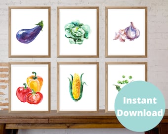 Aquarel groenteprints: keukenkunst set van 12 (digitaal afdrukbaar)
