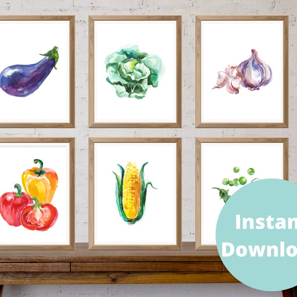 Watercolor Vegetables  Art Prints | Includes 12 prints | Veggies | 5x7 | 8x10| 11x14| Digital Printable | Kitchen Art & Decor