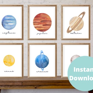 Watercolor Solar System Space Art Prints | Includes 10 prints | Planets | 5x7 | 8x10| 11x14| Digital Printable | Nursery Art & Decor