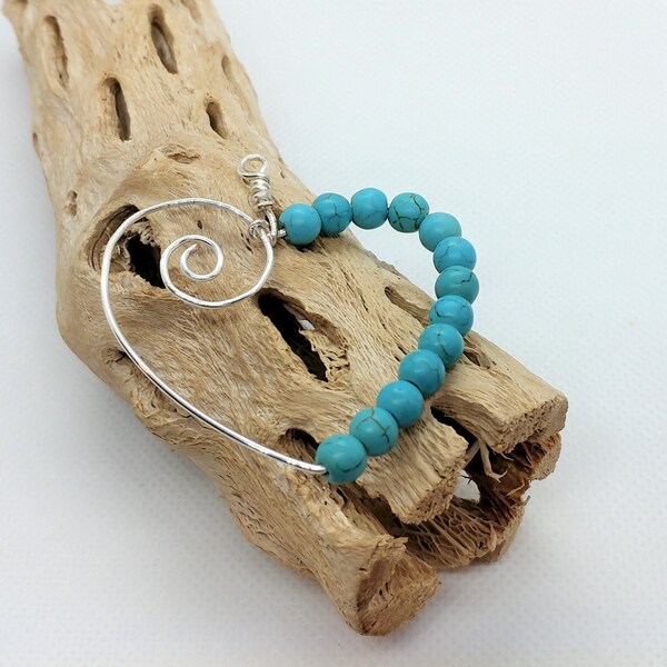 Asymetrical Silver Heart Spiral Pendant with Turquoise Colored Beads