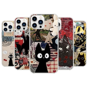 Coque de portable chat noir - Coque esthétique Japan Kitty Art pour iPhone 15 Pro Max, 14, 13, 12, 11, 8 Plus, Samsung S23 Ultra, S22, S21 Pixel 8, 7