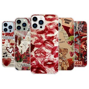 Vintage Love Phone Case - Coque cadeau coeur rouge baiser romantique pour iPhone 15 Pro Max 14 13 12 11 X 8 Plus Samsung S24 Ultra S23 FE Pixel 8