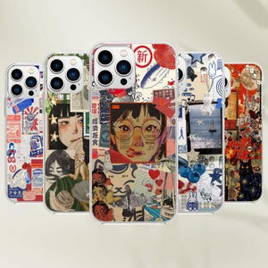 Japanische Collage Handyhülle - Aesthetic Manga Y2K Cover für iPhone 16 Pro Max 15 14 13 12 11 8 Plus Samsung S24 Ultra S23 S22 Pixel 8, 7