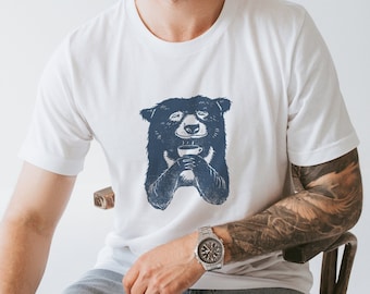 Oso Unisex para Hombre con Camiseta de Café / Diseño de Oso / Ilustración de Oso / Amantes del Café / Regalos para Chicos / Regalo Camiseta de Café