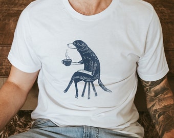 Men's Unisex Dog with Coffee Tshirt | Dog Tshirt | Dog Illustration | Coffee lovers | Men's Fashion | Gifts for Guys | Coffee T-Shirt Gift