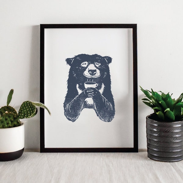 Bear with coffee print, Giclée Art Print, lino style print, bear art, bear print, animal Illustration, coffee lovers, wall art