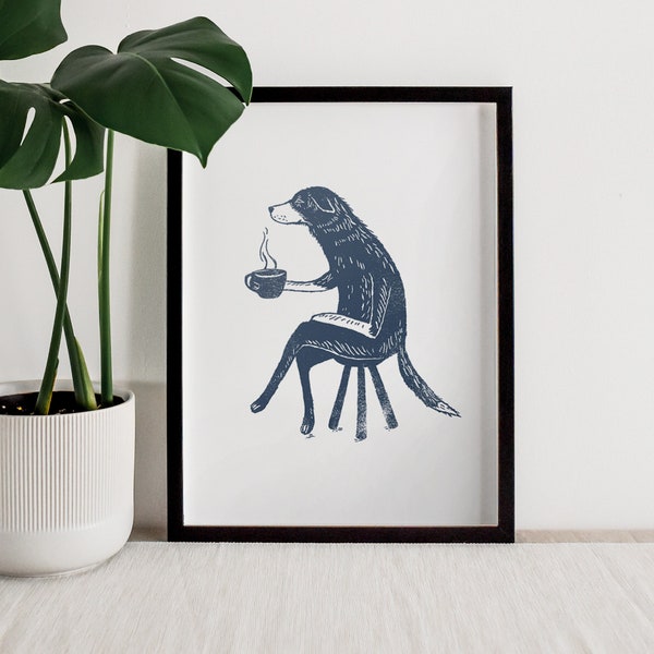 Dog with coffee print, Giclée Art Print, lino style print, dog art, dog print, animal Illustration, animal print, wall art,