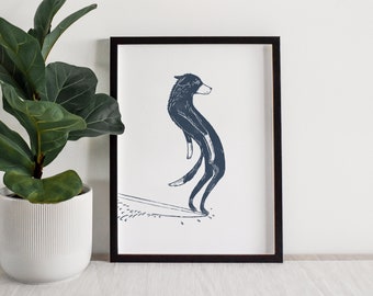 Impresión de perro surfista / Impresión artística Giclée en estilo lino / Arte canino único e ilustración animal para amantes del surf