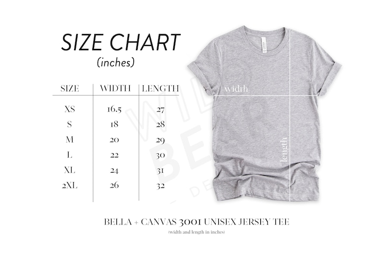 Puede incluir: Tabla de tallas para una camiseta de jersey unisex Bella + Canvas 3001. La tabla muestra el ancho y la longitud en pulgadas para las tallas XS, S, M, L, XL y 2XL.