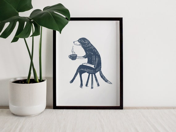 Coffee Print - Dog with Coffee Giclée Art Print, Lino Style Dog Art, Animal Illustration & Wall Décor, Perfect for Dog Lovers