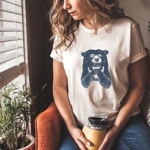 Unisex / Womens Bear with Coffee T shirt | womens t shirt | Bear Design | Bear Illustration | Coffee lovers | Coffee T-Shirt Gift